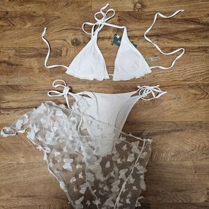 Chic White Bikini Set with Sheer Cover-Up